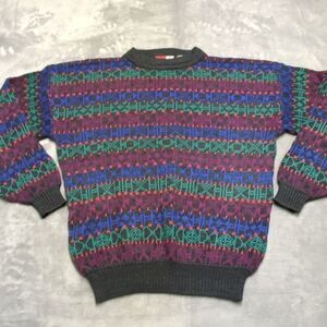 Vintage Abstract Sweater Pullover Todays News Grandpa Dad Cosby Sz L 80s 90s AOP